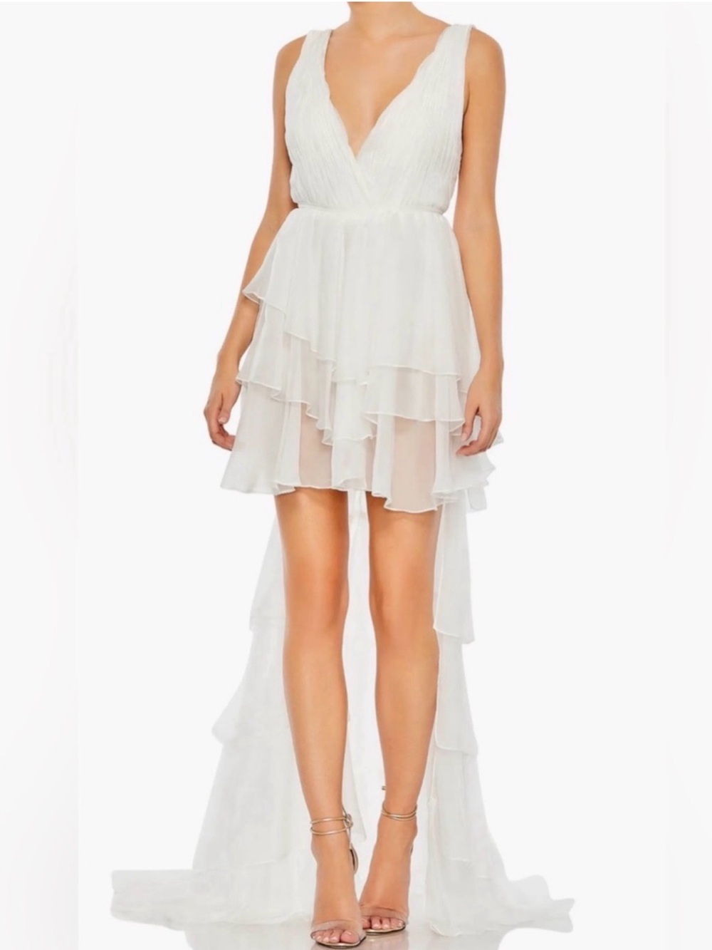 Mac Duggal White Layered High-Low V-Neck Women's Dress